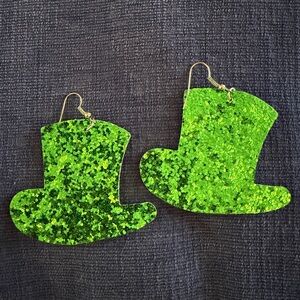 Green Glitter Leprechaun Hat Earrings